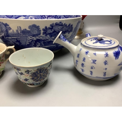 385 - A Copeland Spode blue and white bowl, various cups, teapot etc, a pair of Venetian glass candelabra... 