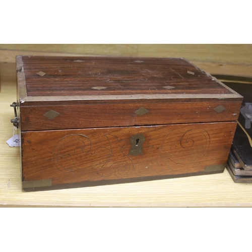 392 - A 19th century Indo-colonial brass inlaid hardwood travelling chest, length 42cm