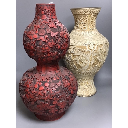 399 - A simulated lacquer double-gourd vase and a simulated cream lacquer vase, tallest 48cm