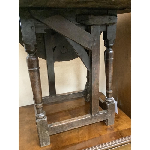 4 - An early oak gateleg occasional table, width 60cm, depth 29cm, height 53cm