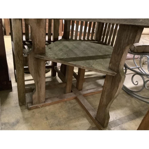 40 - A Heals type weathered square teak garden table,  90cm, height 72cm and four chairs