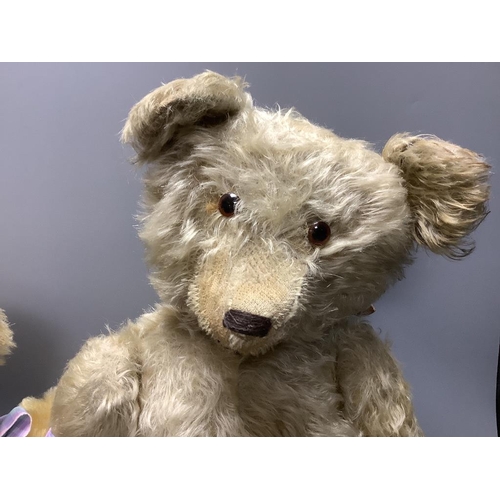 418 - A vintage large plush jointed teddy bear with glass eyes and long muzzle, a later smaller jointed be... 