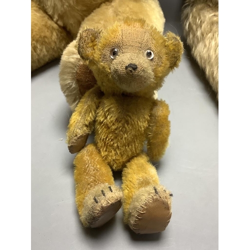 418 - A vintage large plush jointed teddy bear with glass eyes and long muzzle, a later smaller jointed be... 