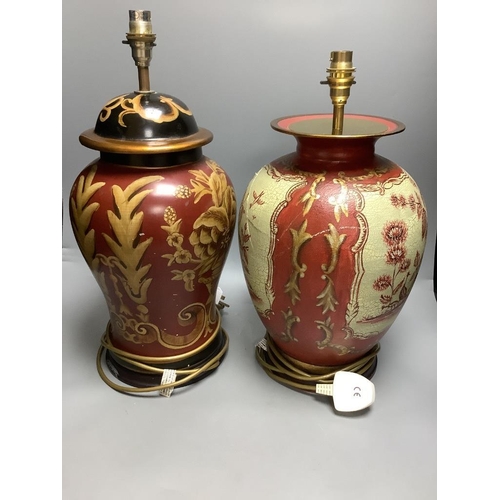 423 - Two polychrome decorated chinoiserie lamp bases, overall height 47cm