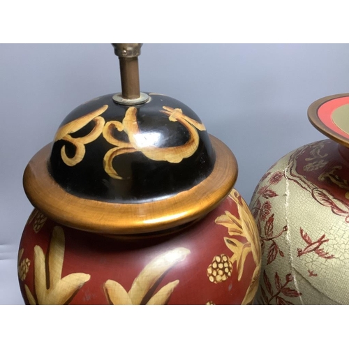 423 - Two polychrome decorated chinoiserie lamp bases, overall height 47cm