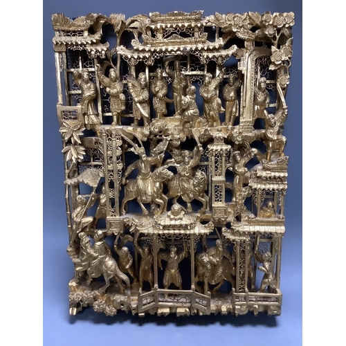 427 - Two finely carved Chinese giltwood panels and three smaller, similar panels, largest 41 x 30cm... 