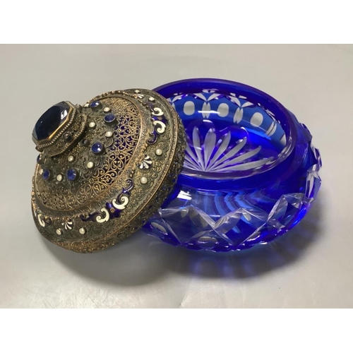 433 - A cut glass pot pourri with enamelled and paste set cover, diameter16cm