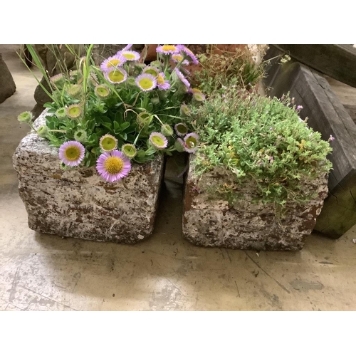 44 - A terracotta strawberry pot, height 56cm together with a pair of stone square garden planters,, widt... 