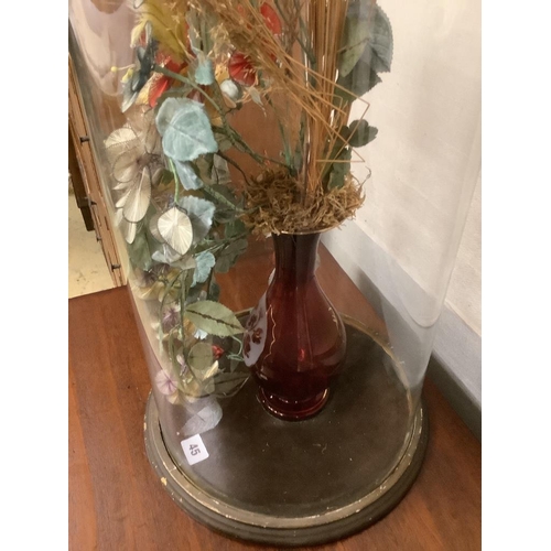 45 - A Victorian fabric floral display under glass dome, height 78cm