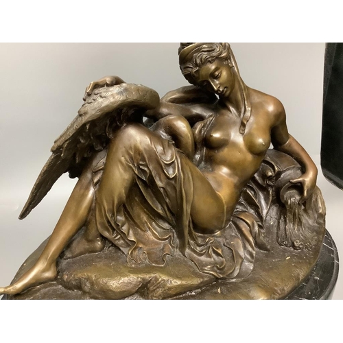 458 - A cold cast resin bronze of Leda and the swan, on marble base, length 48cm