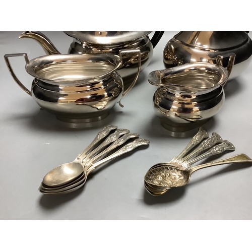 487 - A four piece plated tea set and plated teaspoons.