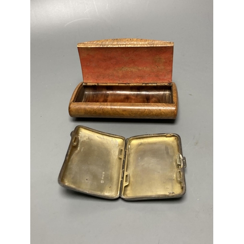 493 - A large burr snuff box and a silver cigarette box, 8.5cm