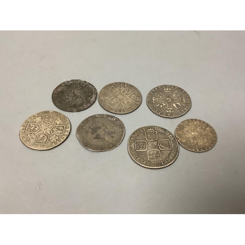 494 - Six 18th century shillings and a sixpence and an Elizabeth I coin