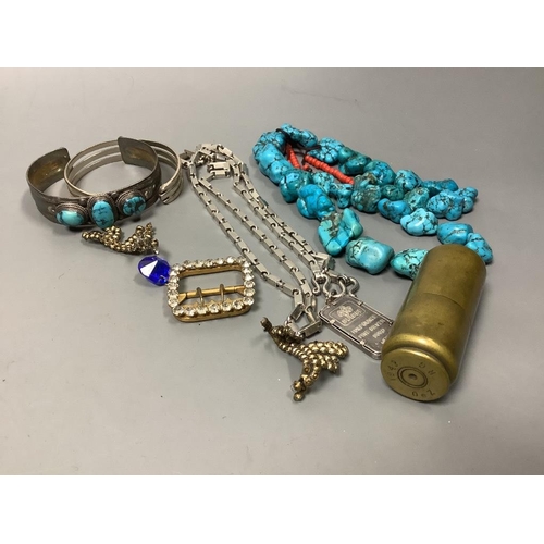 511 - A turquoise necklace and mixed costume jewellery including a miniature dolls house glass set... 