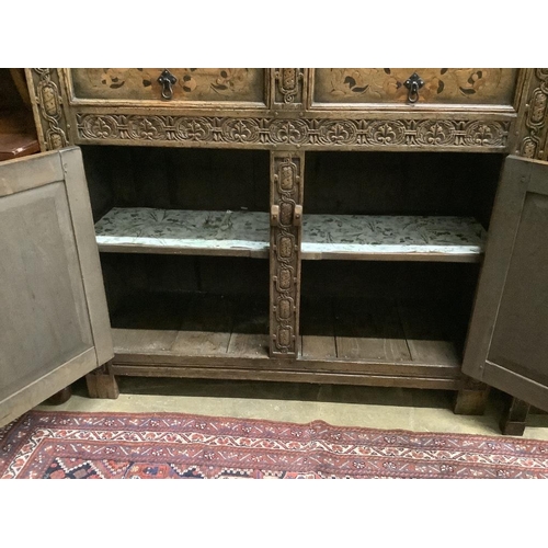 55 - A reproduction 17th century style marquetry inlaid oak court cupboard, length 122cm, depth 43cm, hei... 