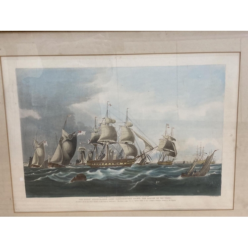 554 - Rosenberg after Huggins, coloured aquatint, Lord Yarboroughs' yacht 'The Falcon', 43 x 62cm, an engr... 