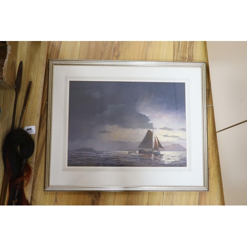 563 - Geoff Hunt (20th century), gouache, 'The Solent and Hurst Castle in the moonlight with sailing barge... 