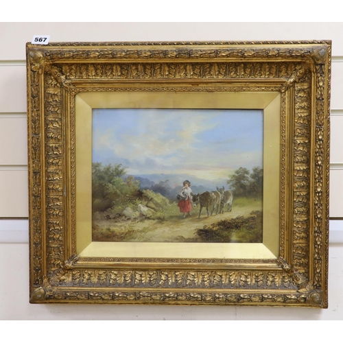 567 - English School, oil on board, Woman leading donkeys in a landscape, indistinctly signed, 24 x 31cm... 