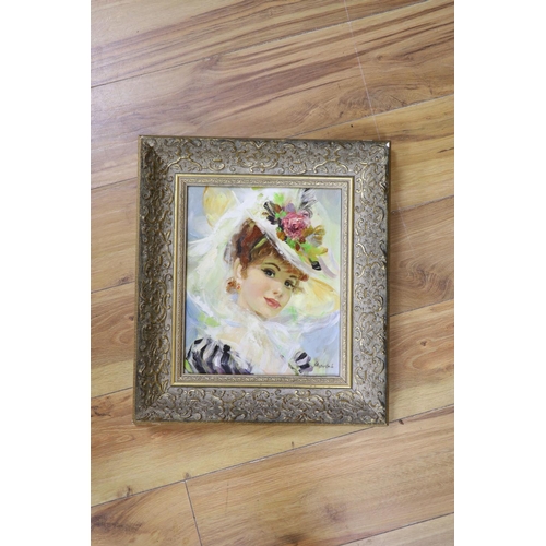 573 - John Strevens (1902-1990), oil on board, Portrait of an Edwardian young lady wearing a floral hat, s... 