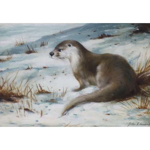 577 - John Edwards (20th century), two oils on board, 'Otter in winter' and 'Hedgehogs', signed, 24 x 34cm... 