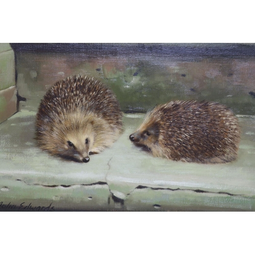 577 - John Edwards (20th century), two oils on board, 'Otter in winter' and 'Hedgehogs', signed, 24 x 34cm... 