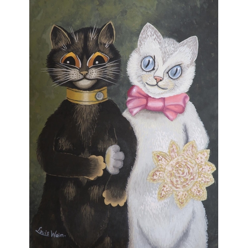 578 - After Louis Wain, gouache, Cat bride and groom, bears signature, 41 x 31cm, unframed