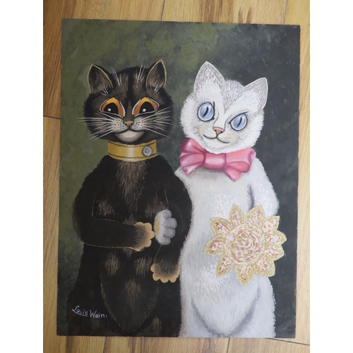 578 - After Louis Wain, gouache, Cat bride and groom, bears signature, 41 x 31cm, unframed