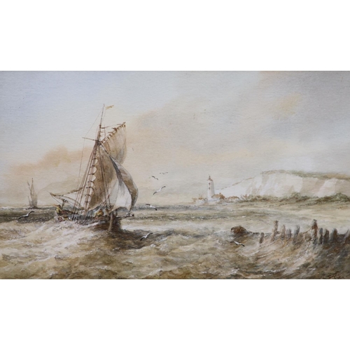 582 - EAS c.1900, watercolour, Fishing boats off the coast, initialled, 17 x 28cm and another similar work... 