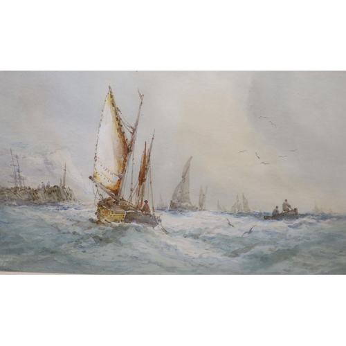 582 - EAS c.1900, watercolour, Fishing boats off the coast, initialled, 17 x 28cm and another similar work... 