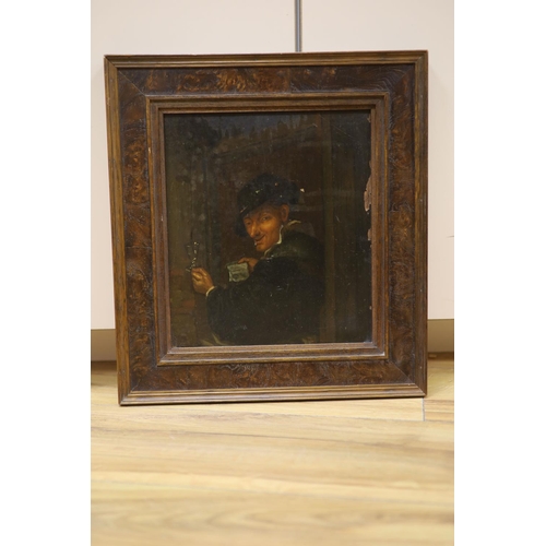 587 - 19th century Flemish School, oil on wooden panel, 17th century gentleman holding a letter, 24 x 21cm... 