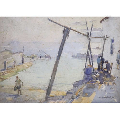 595 - Andrew Archer Gamley (1869-1949), watercolour, Fishermen on the quay, signed, 27 x 37... 