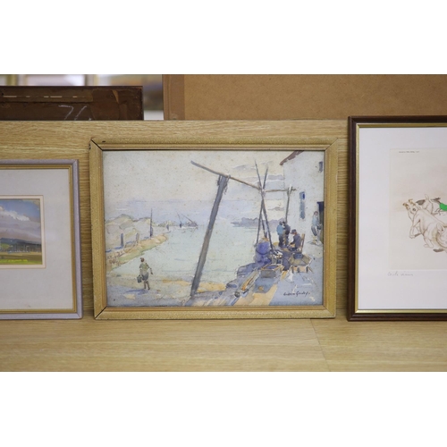 595 - Andrew Archer Gamley (1869-1949), watercolour, Fishermen on the quay, signed, 27 x 37... 