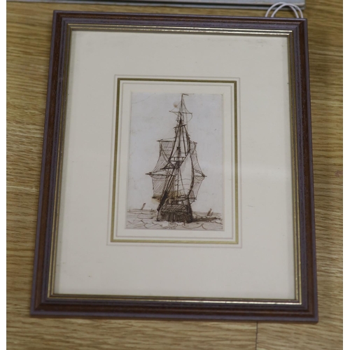 599 - Richard Henry Nibbs (1816-1893), pen and ink drawing, Sailing ship at sea, 10 x 7cm