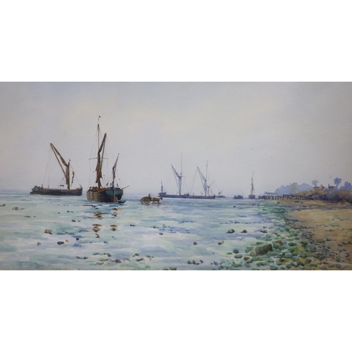 605 - Philip Moysey (1912-1991), Lake Landscape, E. Holt, watercolour, Sail barges off the coast, signed, ... 