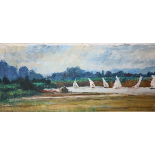 605 - Philip Moysey (1912-1991), Lake Landscape, E. Holt, watercolour, Sail barges off the coast, signed, ... 