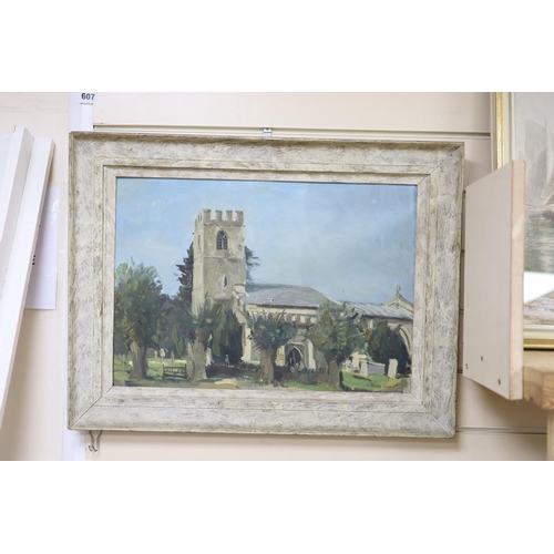 607 - Stanley Orchart (1920-2005), oil on canvas board, View of a church, signed, 35 x 50cm