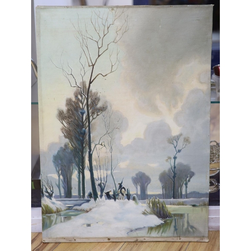 609 - Attributed to Alexandre Jacob (1876-1972), oil on canvas laid on board, Carters in a winter landscap... 