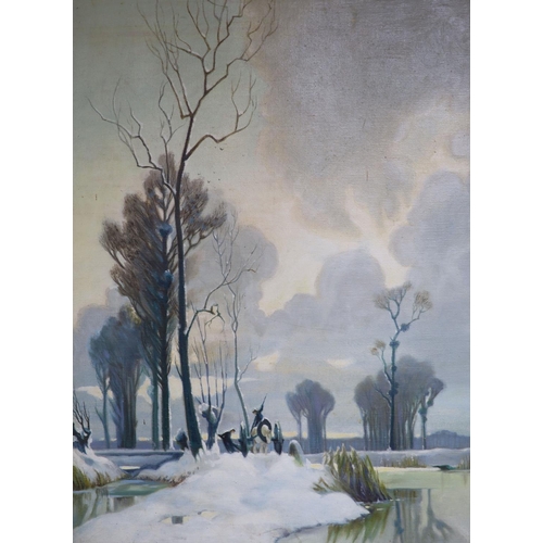 609 - Attributed to Alexandre Jacob (1876-1972), oil on canvas laid on board, Carters in a winter landscap... 