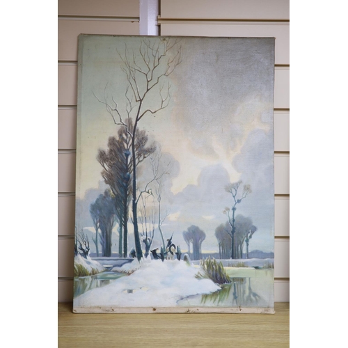 609 - Attributed to Alexandre Jacob (1876-1972), oil on canvas laid on board, Carters in a winter landscap... 