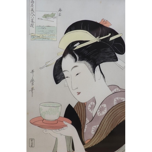 612 - Japanese School, two woodblock prints, Woman serving tea and Head study, largest 37 x 25cm... 