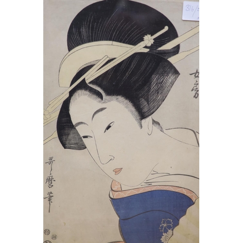 612 - Japanese School, two woodblock prints, Woman serving tea and Head study, largest 37 x 25cm... 