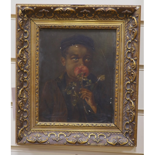 619 - English School c.1900, oil on board, Urchin smelling a rose, 21 x 17cm