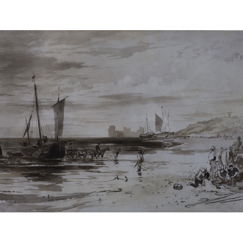 624 - 19th century English School, monochrome watercolour, Fisherfolk on the beach, 22 x 29.5cm and Robert... 