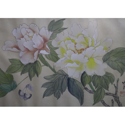 626 - Chinese School, three watercolours on silk, Studies of flowers and butterflies, 28 x 38cm... 