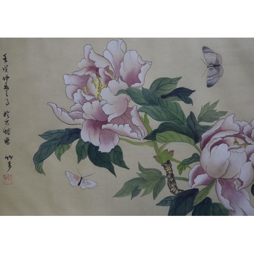 626 - Chinese School, three watercolours on silk, Studies of flowers and butterflies, 28 x 38cm... 