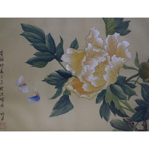 626 - Chinese School, three watercolours on silk, Studies of flowers and butterflies, 28 x 38cm... 