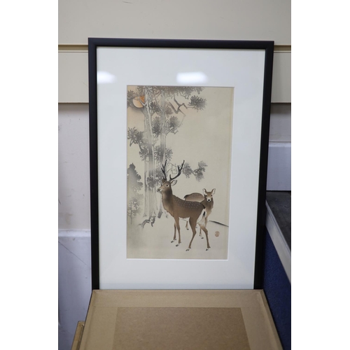 628 - Ohara Koson (1877- 1945), four assorted woodblock prints, Pheasants, Swallows, Egret and Deer, large... 