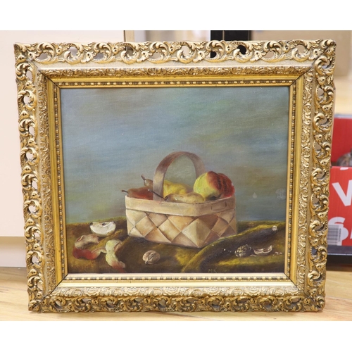 637 - Early 20th century English School, oil on canvas, Still life of pears in a basket, initialled MK, 38... 