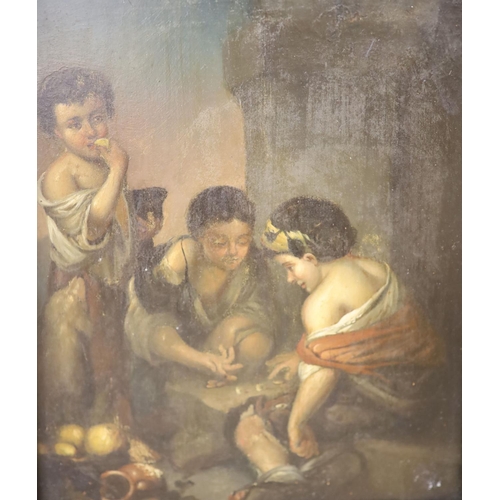 644 - 19th century German School, After Murillo, pair of oils on zinc, Children playing dice and telling a... 