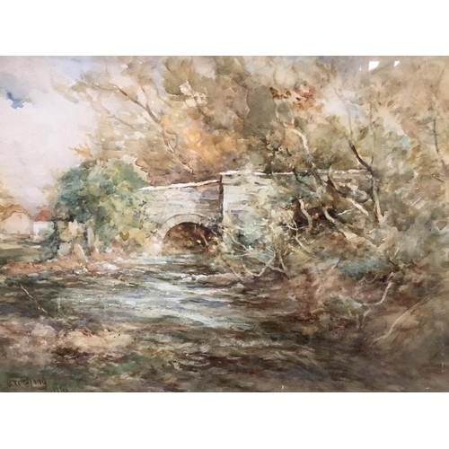 648 - J. Holdworth, oil on canvas, wooded landscape with stream, signed and dated 1903 and three watercolo... 